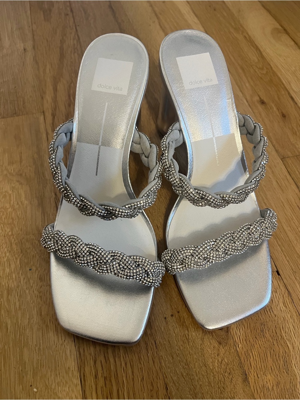 Dolce Vita Silver Braided Bead Strappy Block Heel Sandals